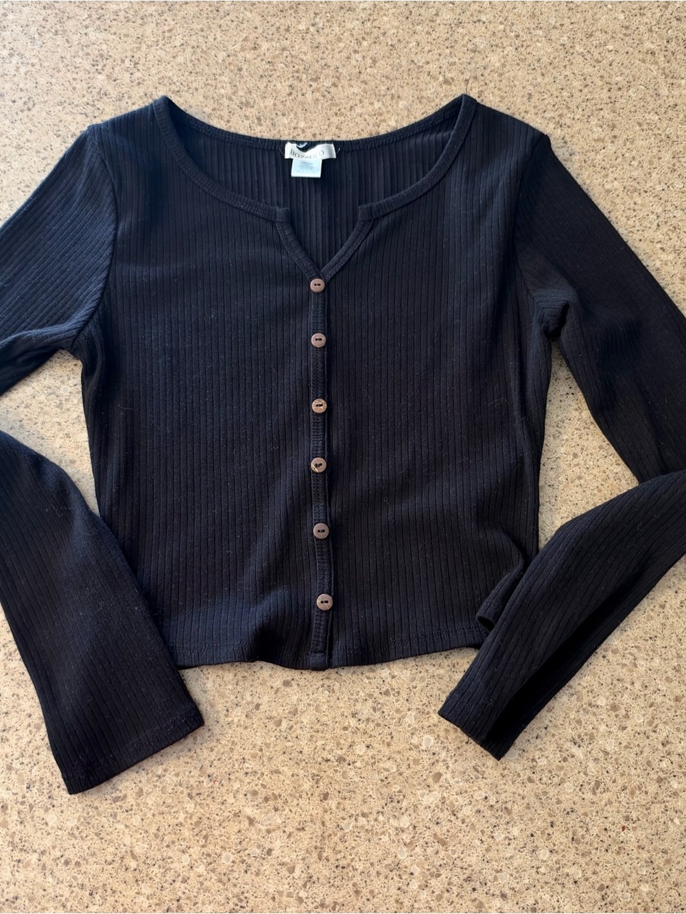 Bozzolo Black Ribbed Button-Front Long Sleeve Top